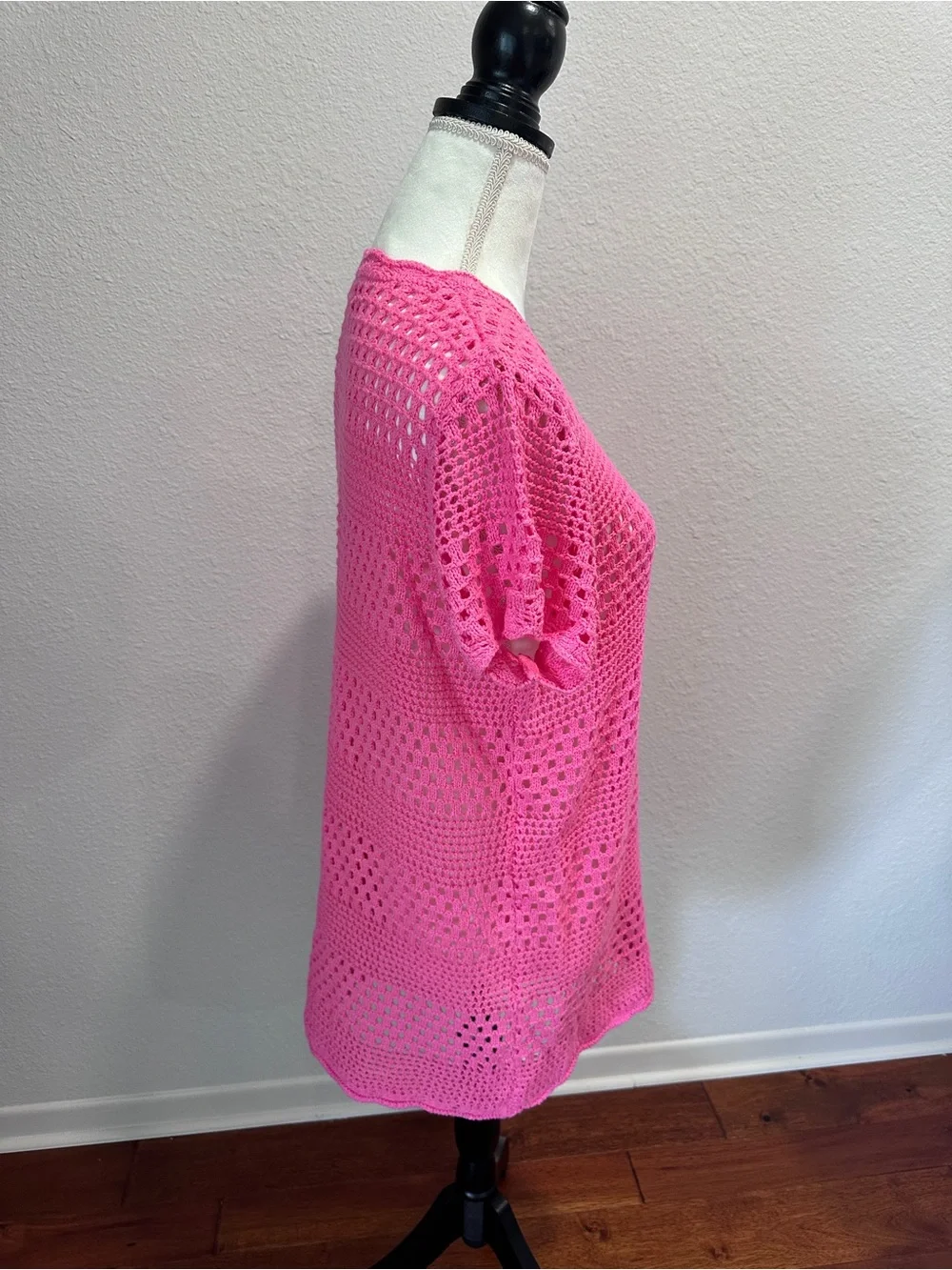 Bright Pink Crochet Short-Sleeve Women's Swim Coverup/Dress